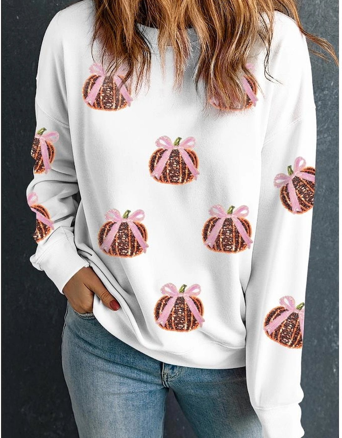 White Sequin Bow Pumpkin Patched Cotton Baggy Sweatshirt