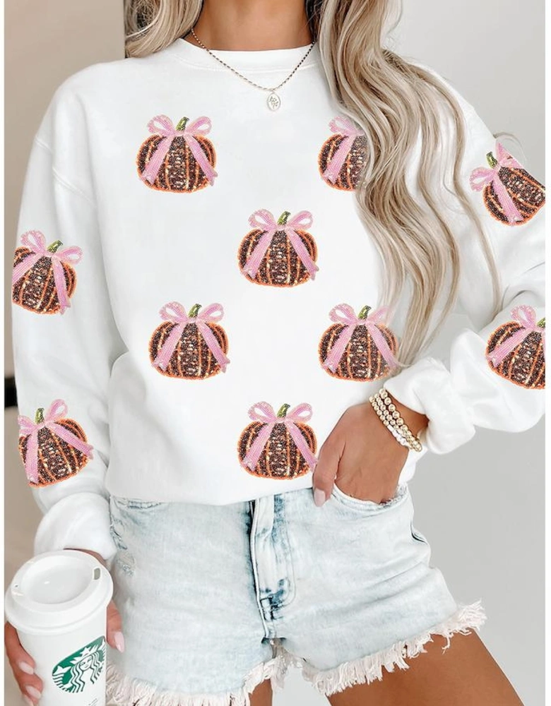 White Sequin Bow Pumpkin Patched Cotton Baggy Sweatshirt