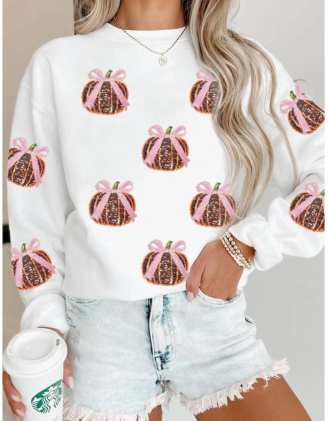 White Sequin Bow Pumpkin Patched Cotton Baggy Sweatshirt