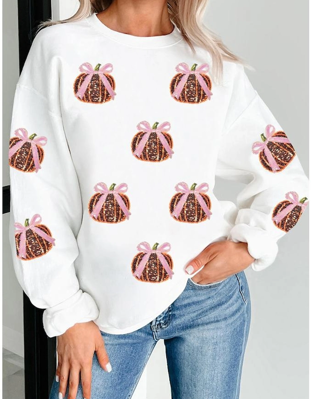 White Sequin Bow Pumpkin Patched Cotton Baggy Sweatshirt