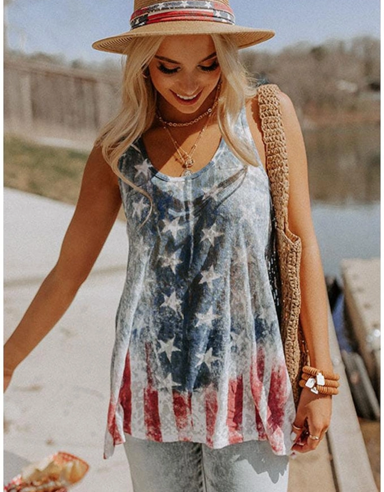 Blue Vintage Washed Flag Print Shift Tank Top