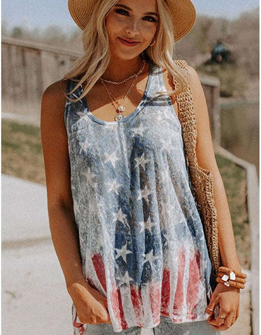 Blue Vintage Washed Flag Print Shift Tank Top