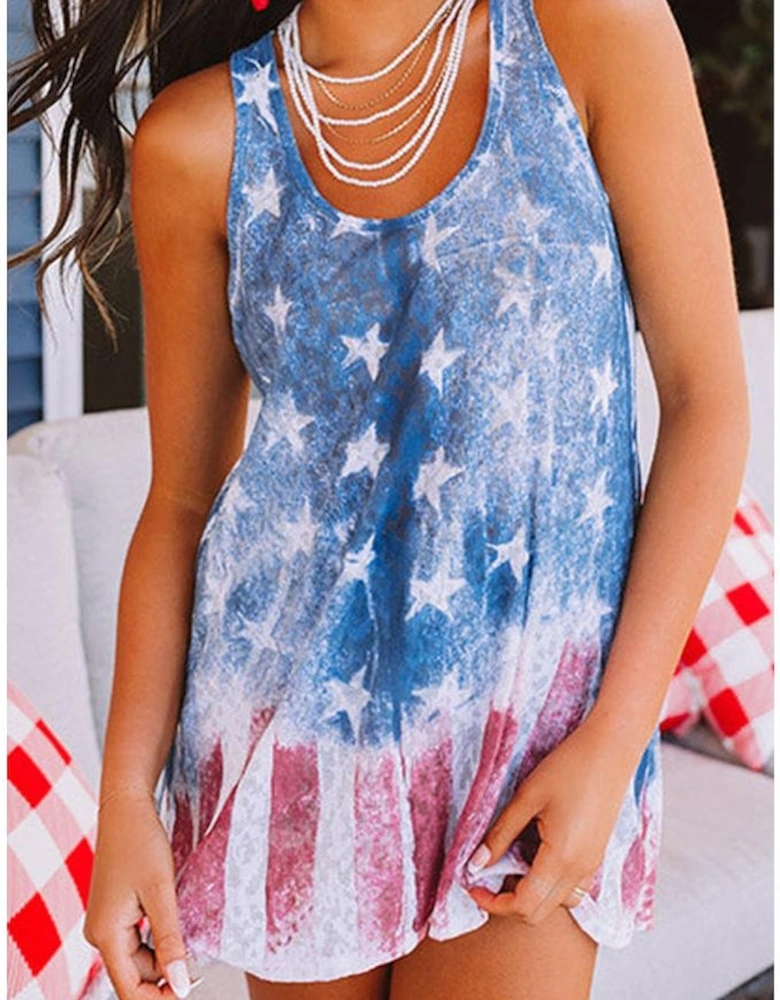 Blue Vintage Washed Flag Print Shift Tank Top