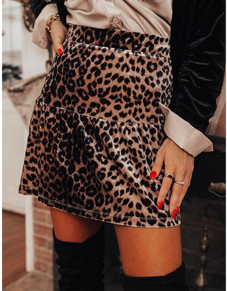 Brown Leopard Tiered Patchwork Hot Mini Skirt