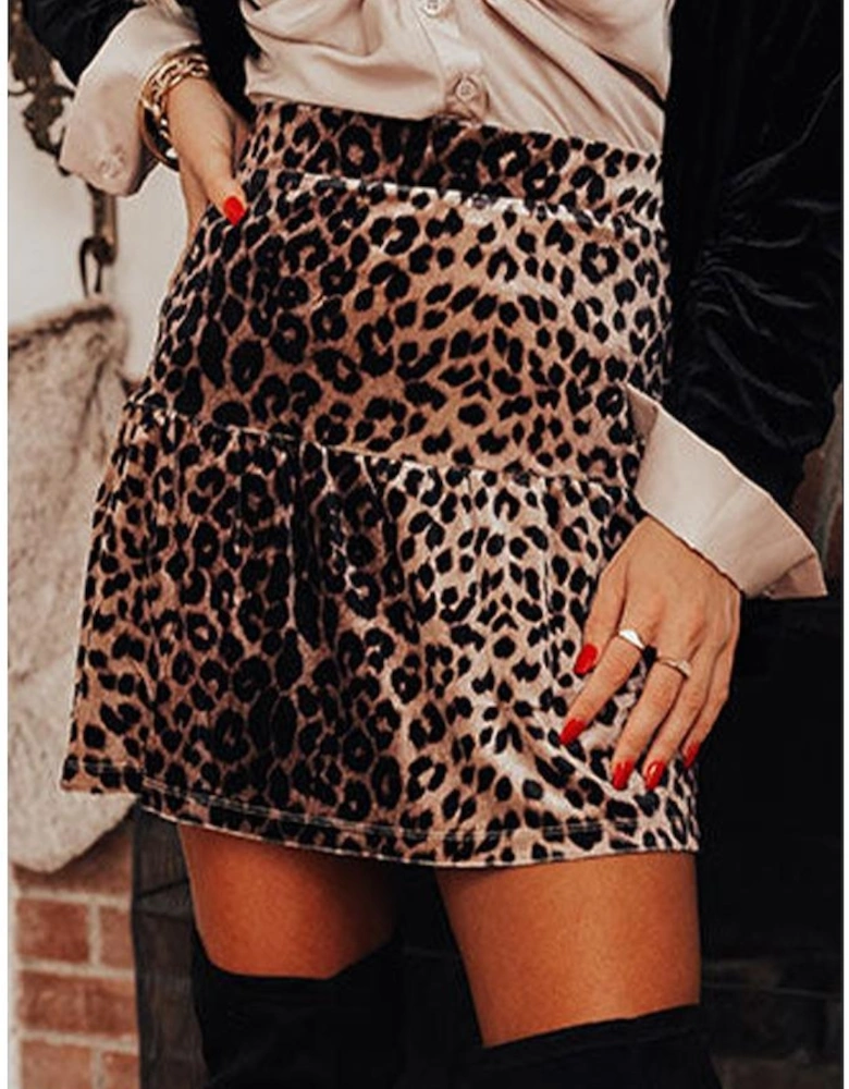 Brown Leopard Tiered Patchwork Hot Mini Skirt