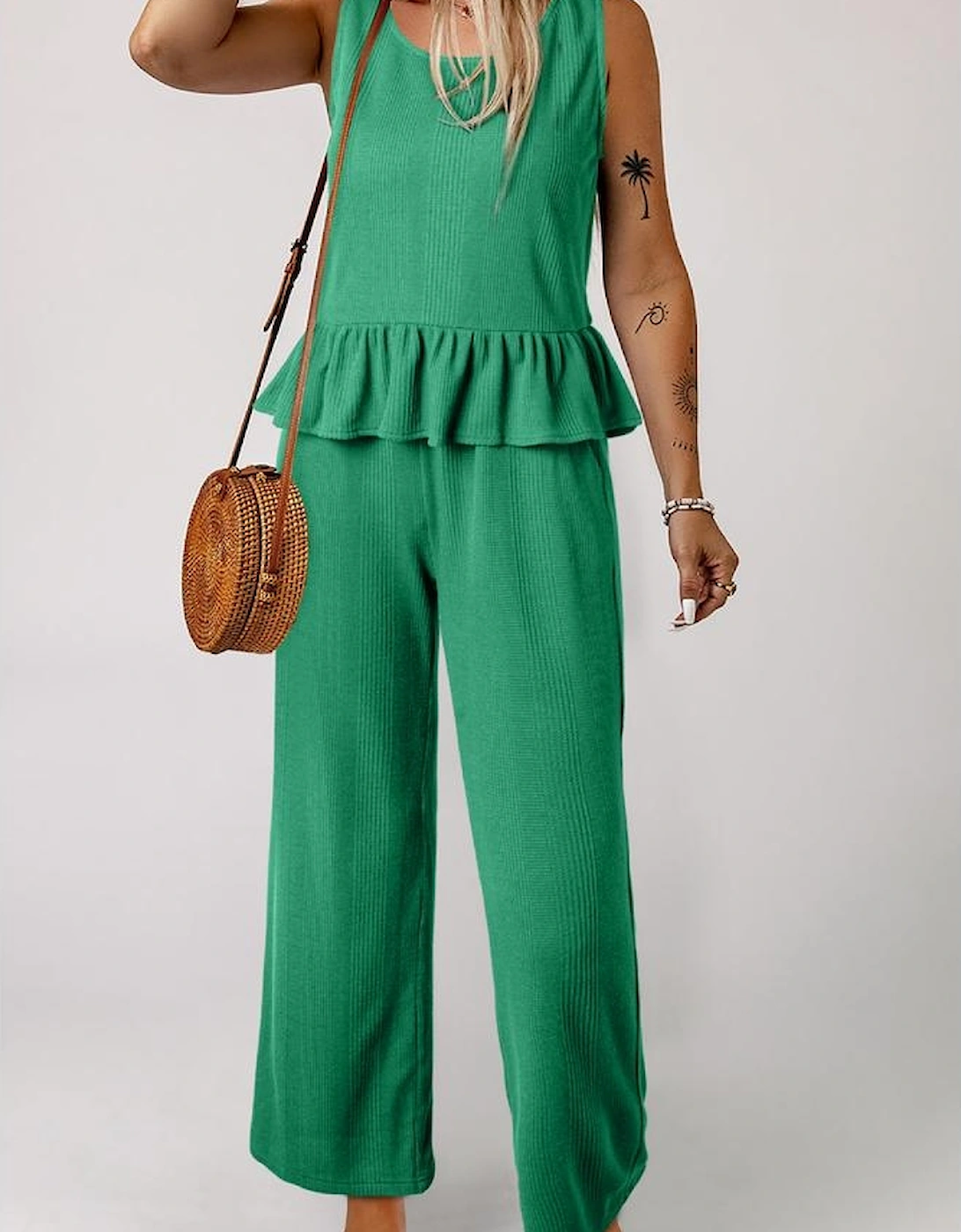 Green Solid Color Ribbed Ruffle Tank Top and Pants Set, 16 of 15