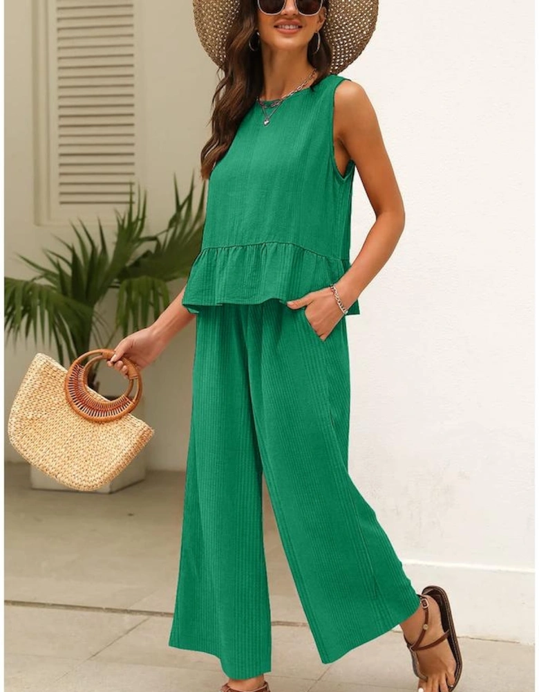 Green Solid Color Ribbed Ruffle Tank Top and Pants Set