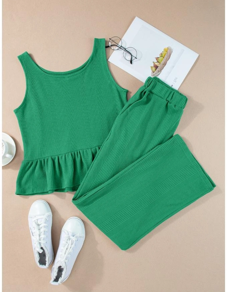 Green Solid Color Ribbed Ruffle Tank Top and Pants Set