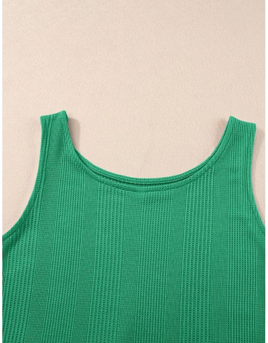 Green Solid Color Ribbed Ruffle Tank Top and Pants Set