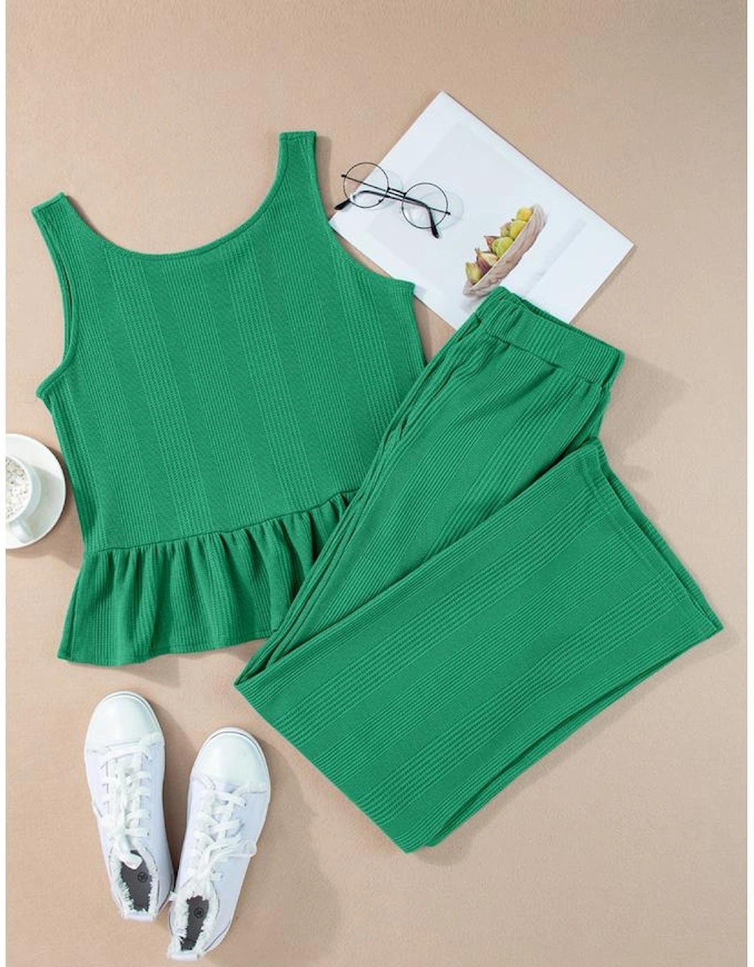 Green Solid Color Ribbed Ruffle Tank Top and Pants Set