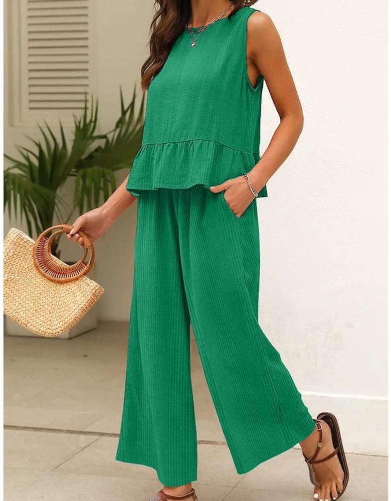 Green Solid Color Ribbed Ruffle Tank Top and Pants Set