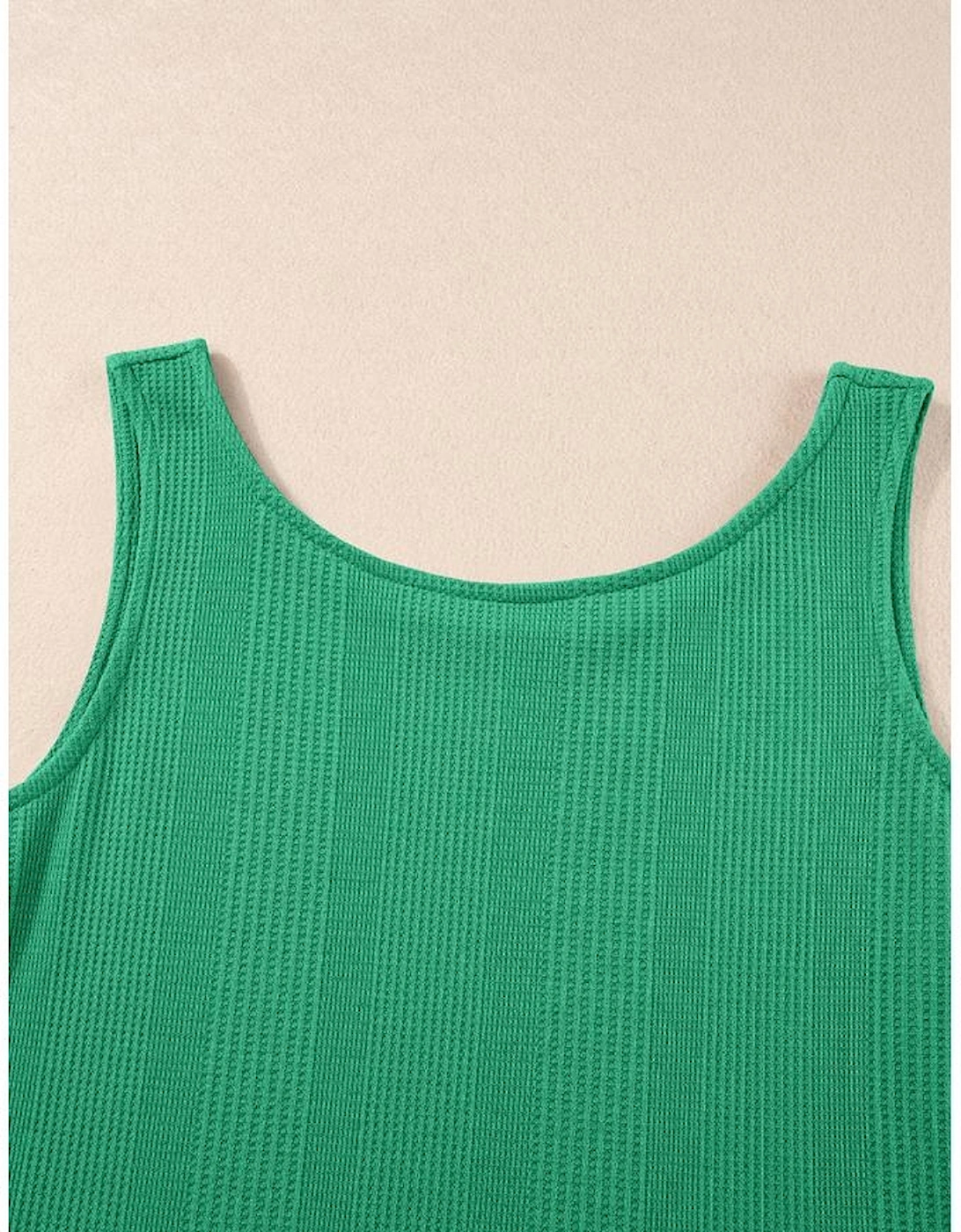 Green Solid Color Ribbed Ruffle Tank Top and Pants Set