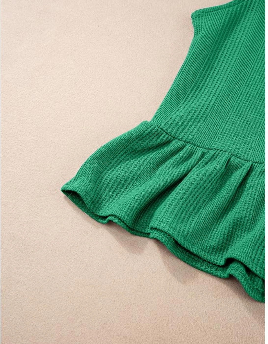 Green Solid Color Ribbed Ruffle Tank Top and Pants Set