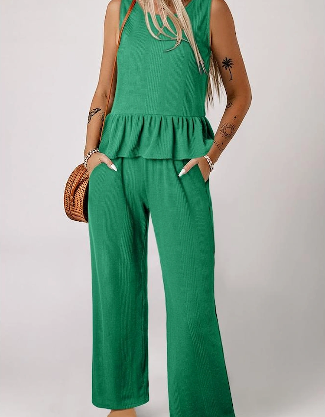 Green Solid Color Ribbed Ruffle Tank Top and Pants Set