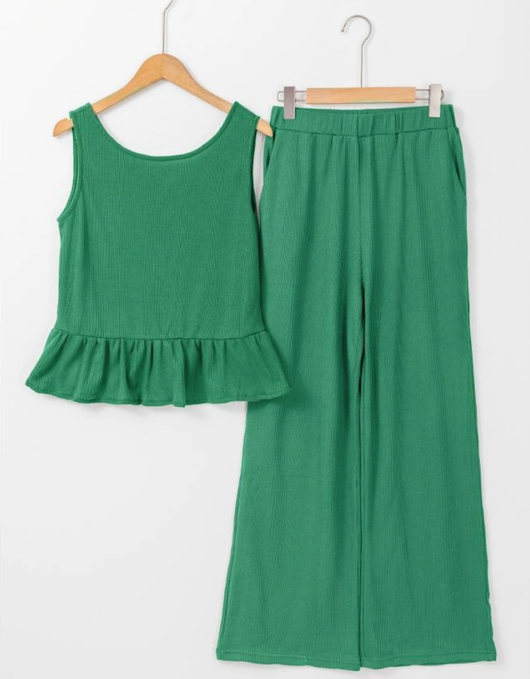 Green Solid Color Ribbed Ruffle Tank Top and Pants Set