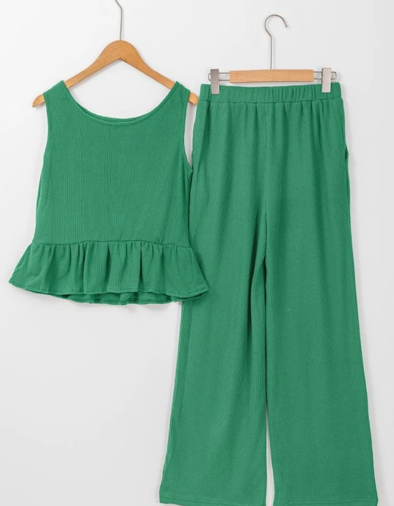 Green Solid Color Ribbed Ruffle Tank Top and Pants Set