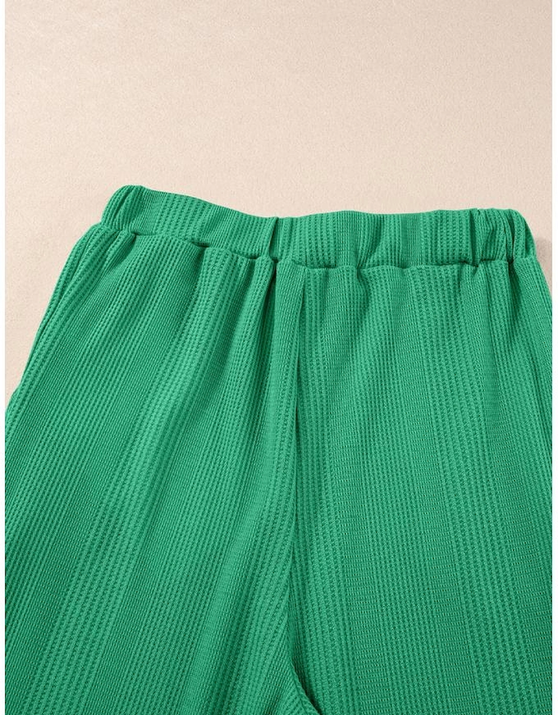 Green Solid Color Ribbed Ruffle Tank Top and Pants Set