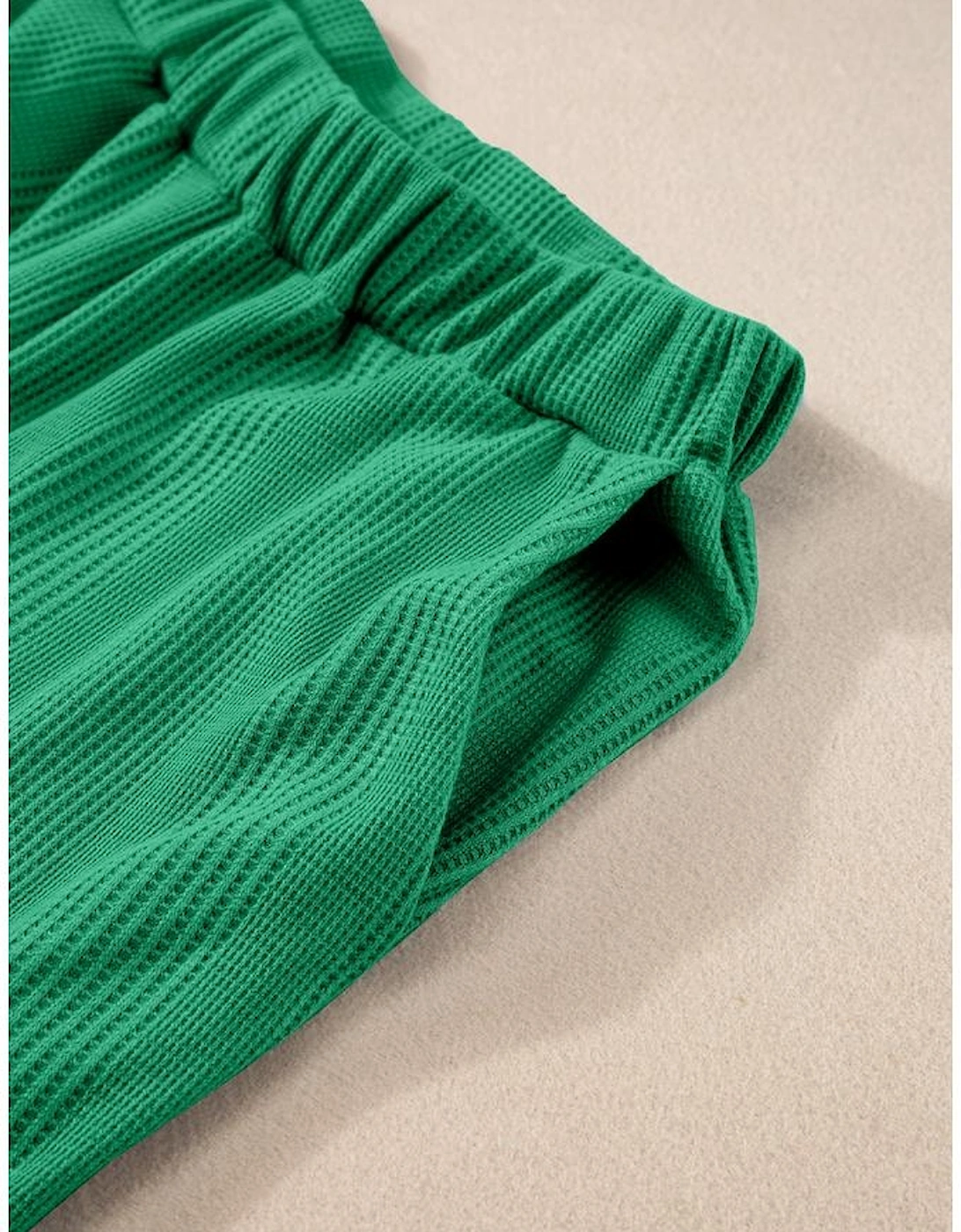 Green Solid Color Ribbed Ruffle Tank Top and Pants Set
