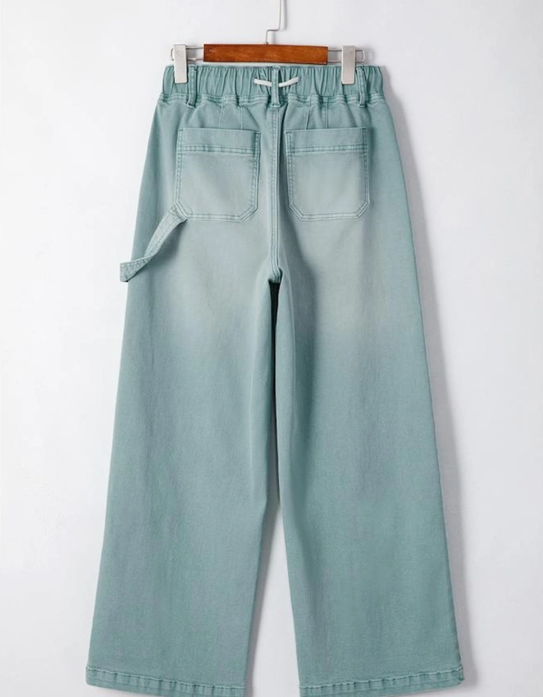 Smoke Green Mineral Wash Drawstring High Waist Wide Leg Jeans