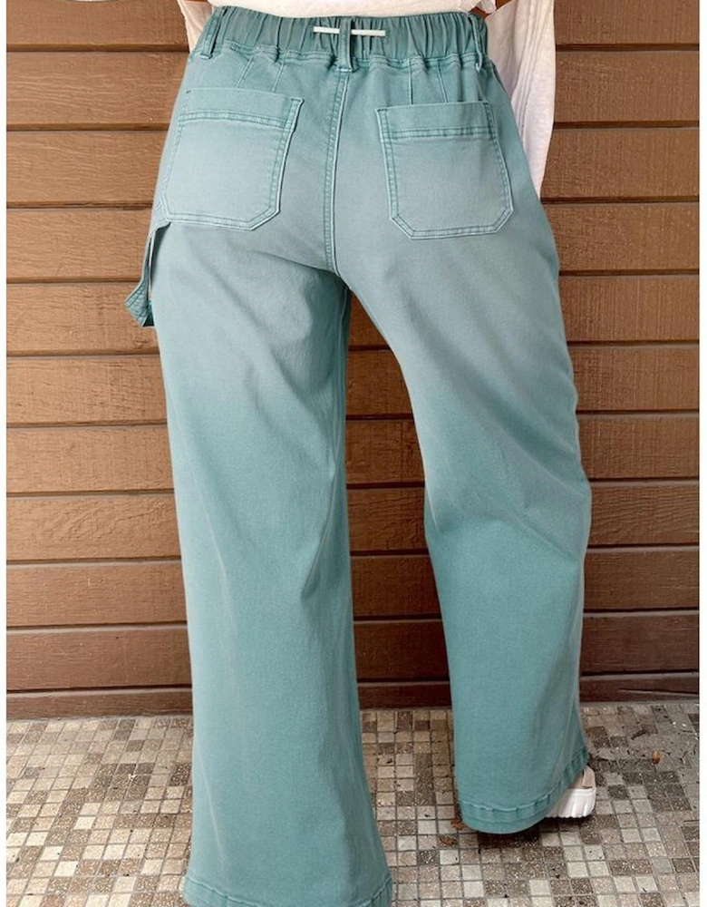 Smoke Green Mineral Wash Drawstring High Waist Wide Leg Jeans