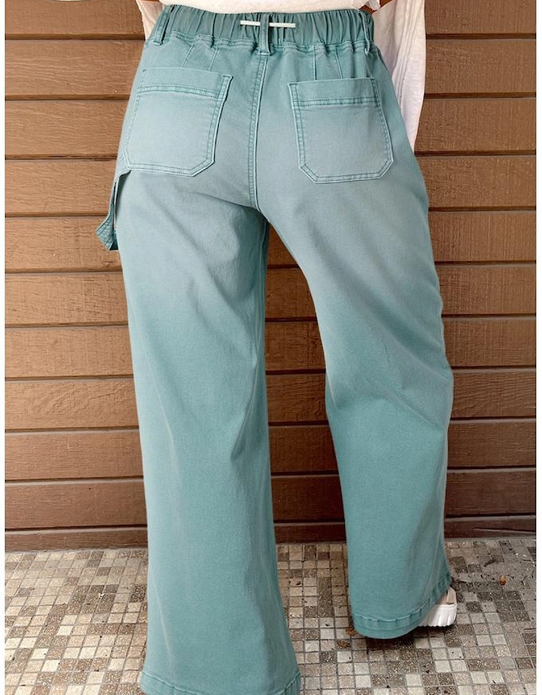 Smoke Green Mineral Wash Drawstring High Waist Wide Leg Jeans
