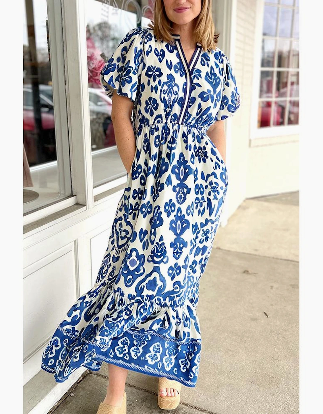 Blue Floral Puff Short Sleeve V Neck High Waist Maxi Dress