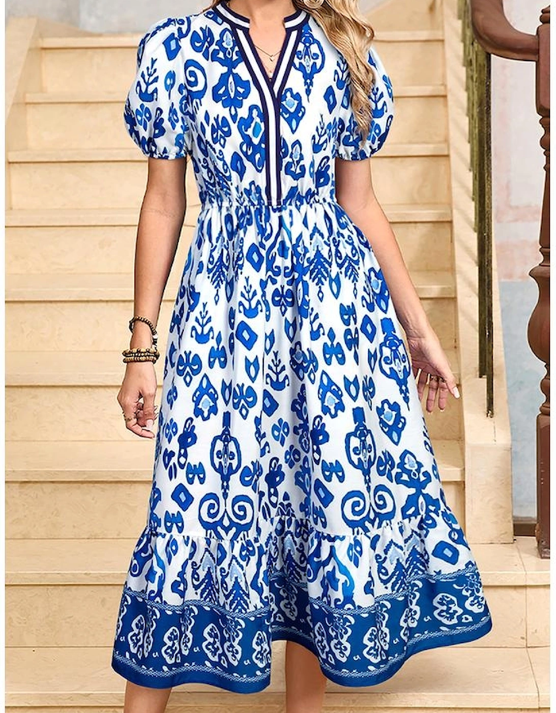 Blue Floral Puff Short Sleeve V Neck High Waist Maxi Dress