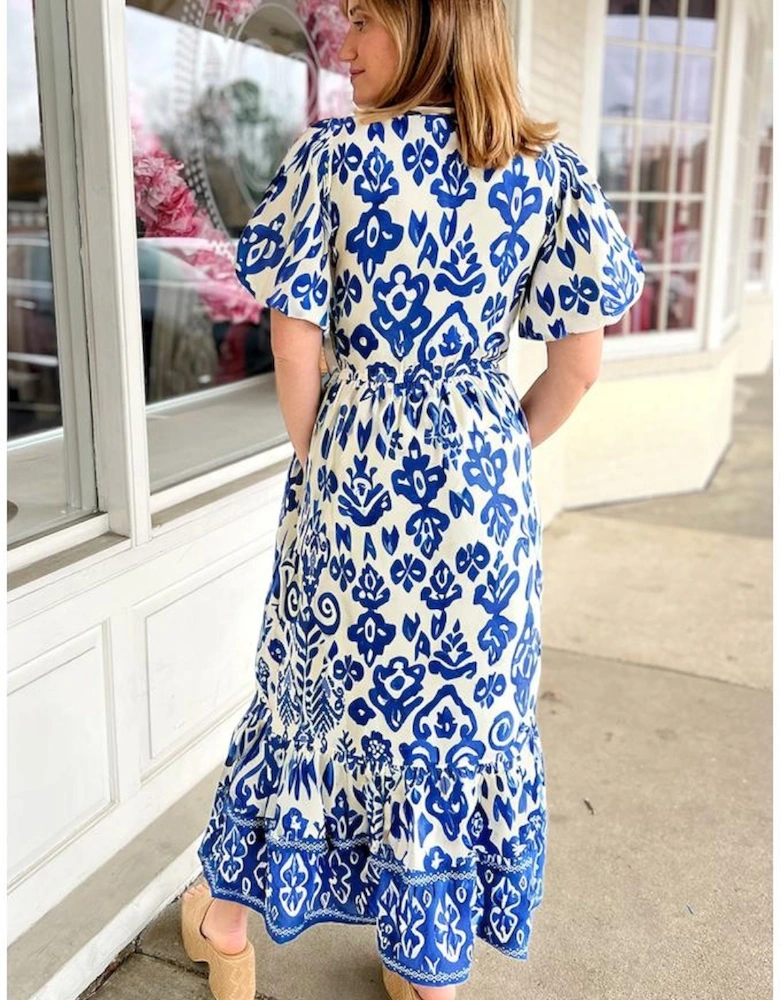 Blue Floral Puff Short Sleeve V Neck High Waist Maxi Dress