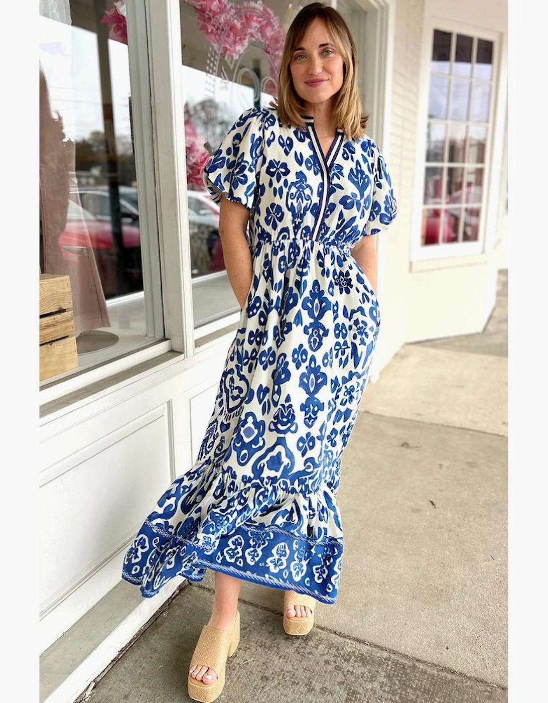 Blue Floral Puff Short Sleeve V Neck High Waist Maxi Dress