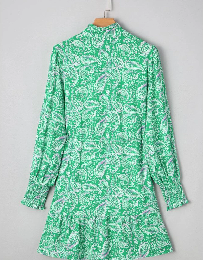 Green Paisley Print Long Sleeve Button Front Tied Waist Mini Dress