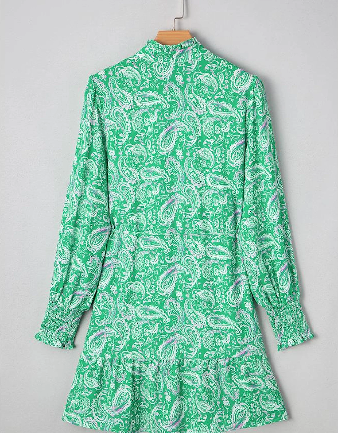 Green Paisley Print Long Sleeve Button Front Tied Waist Mini Dress