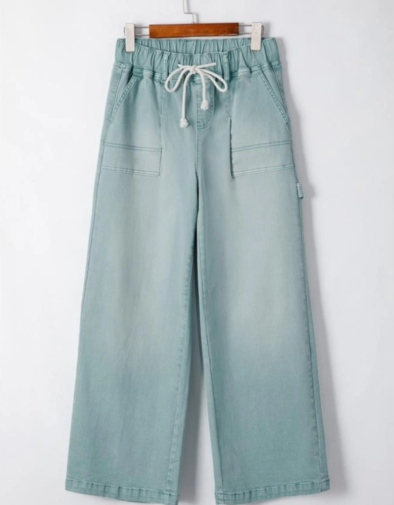 Smoke Green Mineral Wash Drawstring High Waist Wide Leg Jeans