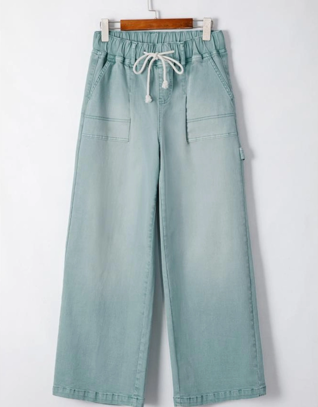Smoke Green Mineral Wash Drawstring High Waist Wide Leg Jeans