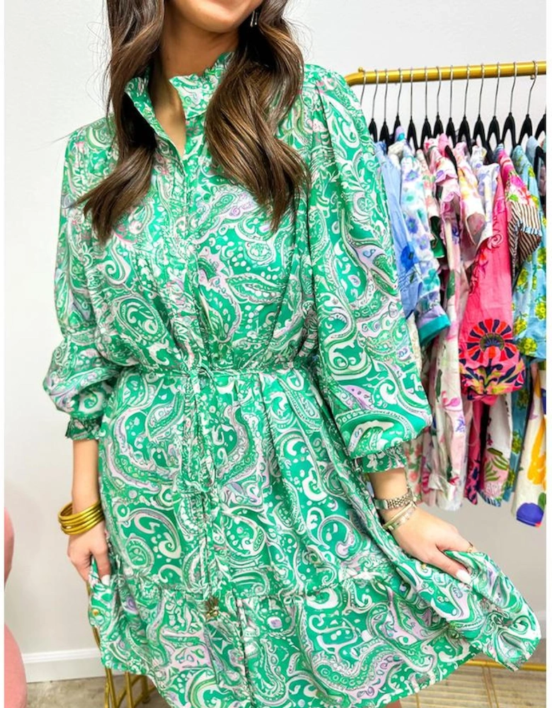 Green Paisley Print Long Sleeve Button Front Tied Waist Mini Dress