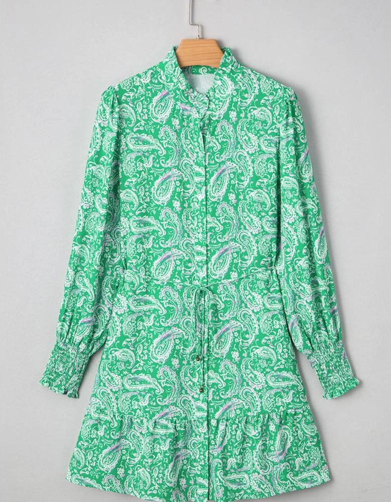 Green Paisley Print Long Sleeve Button Front Tied Waist Mini Dress