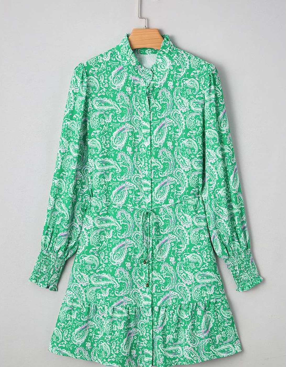 Green Paisley Print Long Sleeve Button Front Tied Waist Mini Dress