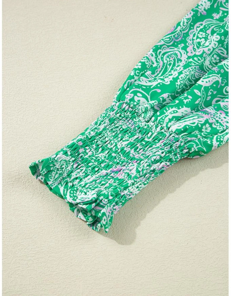 Green Paisley Print Long Sleeve Button Front Tied Waist Mini Dress