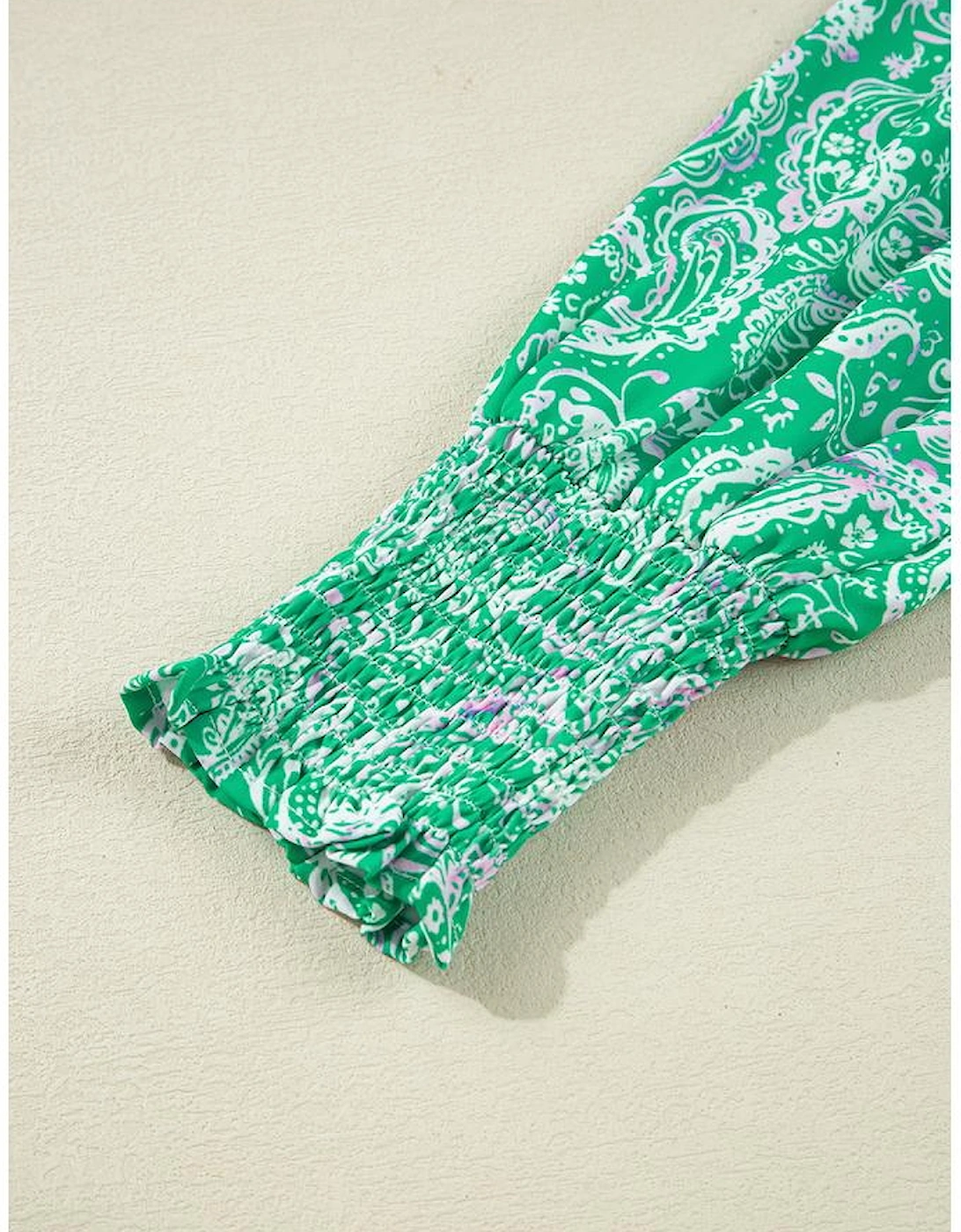 Green Paisley Print Long Sleeve Button Front Tied Waist Mini Dress