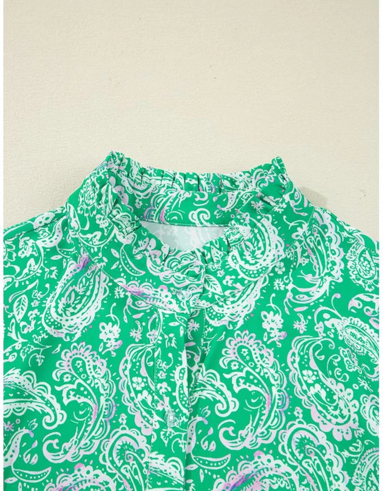 Green Paisley Print Long Sleeve Button Front Tied Waist Mini Dress