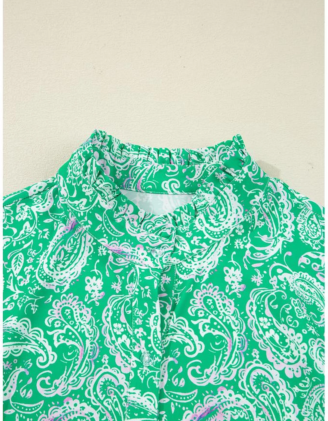 Green Paisley Print Long Sleeve Button Front Tied Waist Mini Dress