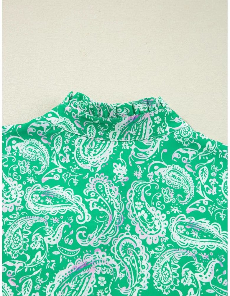 Green Paisley Print Long Sleeve Button Front Tied Waist Mini Dress