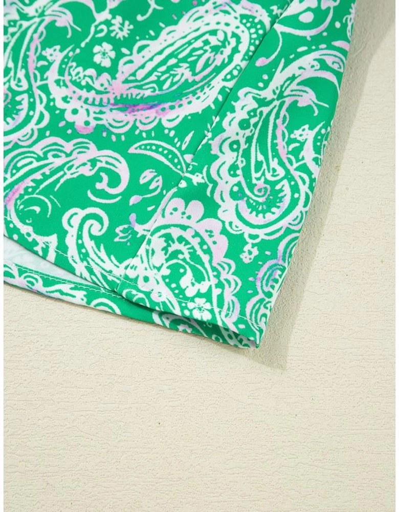 Green Paisley Print Long Sleeve Button Front Tied Waist Mini Dress