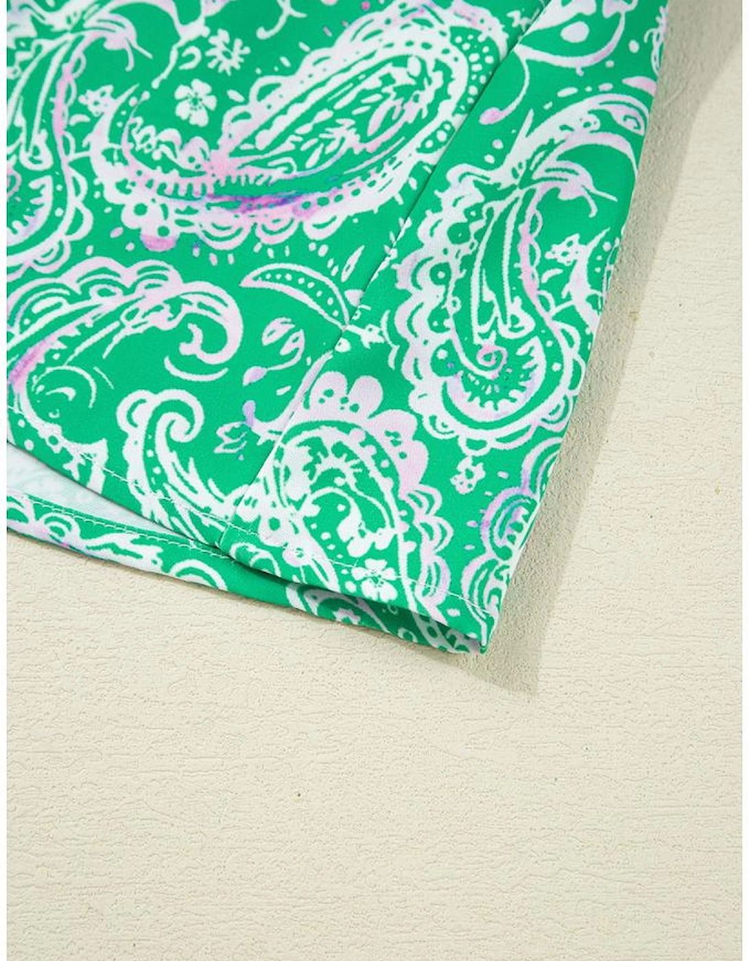 Green Paisley Print Long Sleeve Button Front Tied Waist Mini Dress