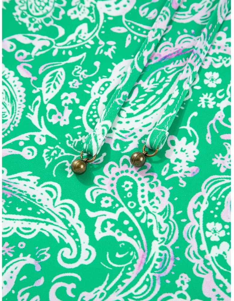 Green Paisley Print Long Sleeve Button Front Tied Waist Mini Dress