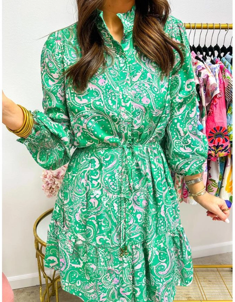 Green Paisley Print Long Sleeve Button Front Tied Waist Mini Dress