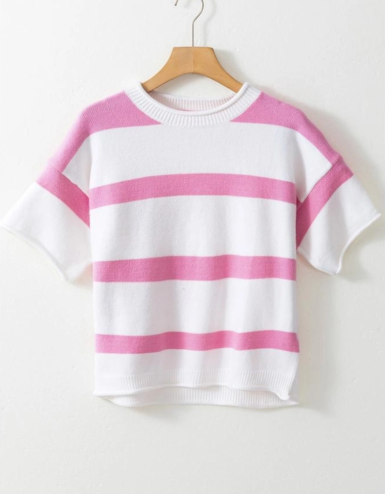 Pink Stripe Dropped Short Sleeve Lightweight Knitted Top