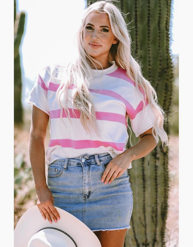 Pink Stripe Dropped Short Sleeve Lightweight Knitted Top