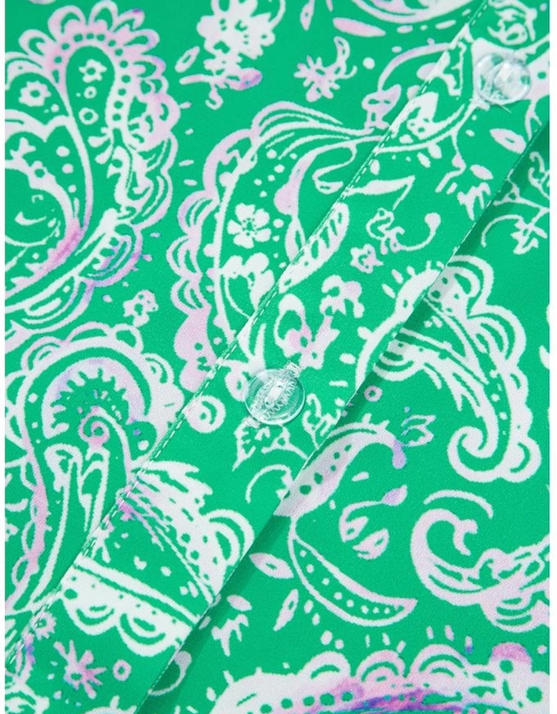 Green Paisley Print Long Sleeve Button Front Tied Waist Mini Dress