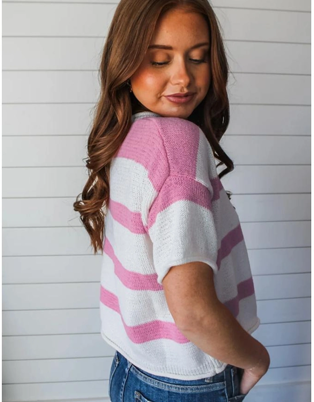 Pink Stripe Dropped Short Sleeve Lightweight Knitted Top