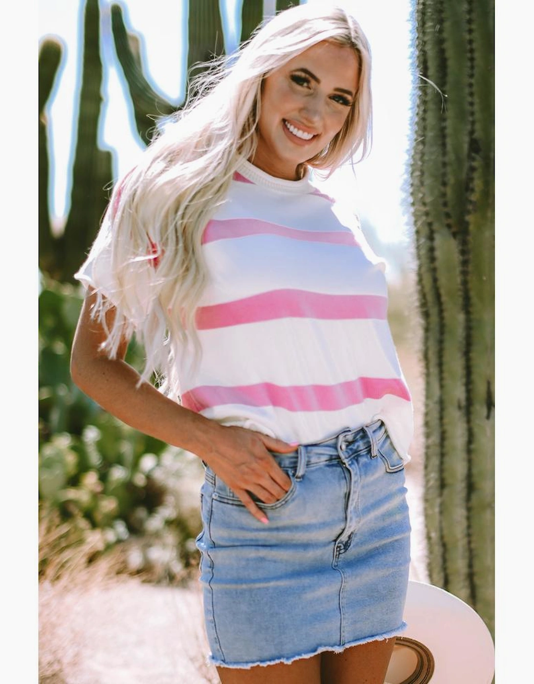 Pink Stripe Dropped Short Sleeve Lightweight Knitted Top